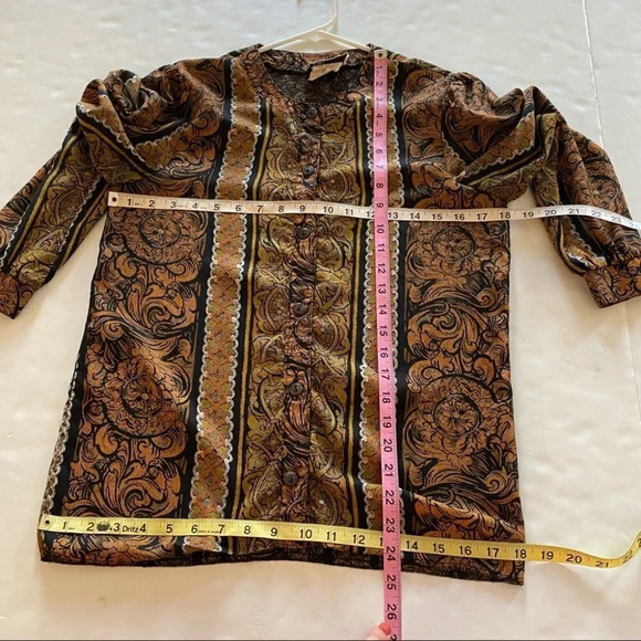 Vintage 80s 90s Printed Button Down Blouse Top Womens Size Small Black Gold - Picture 3 of 11